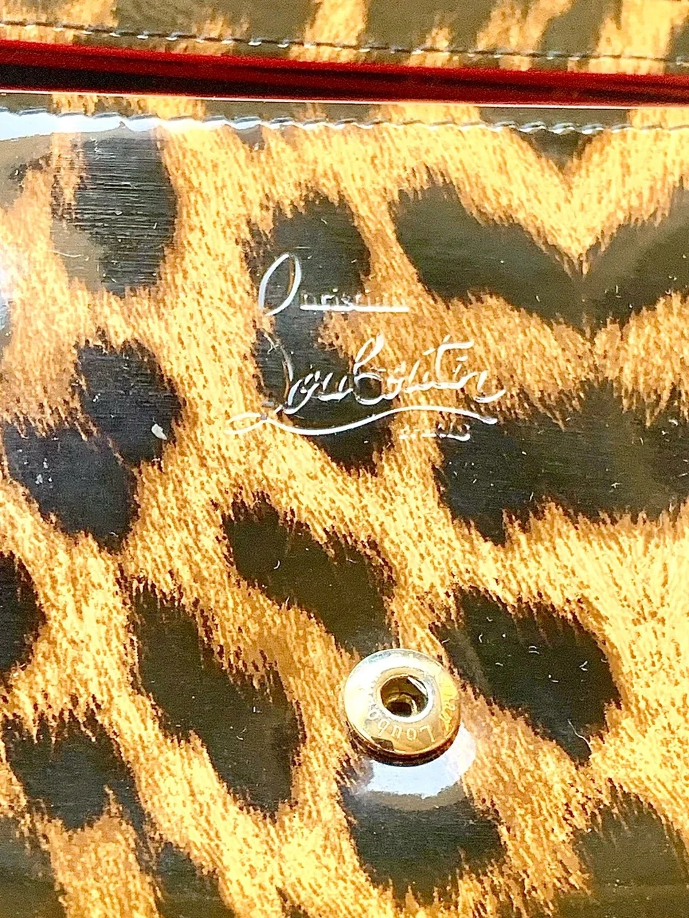 CHRISTIAN LOUBOUTIN MACARON PATENT SPIKED FLAP WALLET CLUTCH LEOPARD WRISTLET